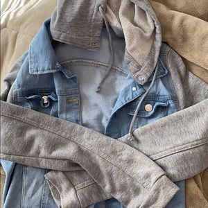 Jean jacket w under sweatshirt decal